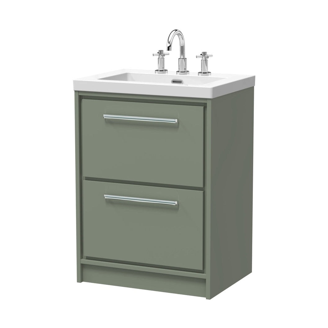Hudson Reed Lille 600mm Floor Standing 2-drawer Vanity With Basin - 3 Tap Hole Contemp Fern Green Fireclay,MFC Smooth Matt 845x613x462mm - JJ Building Materials