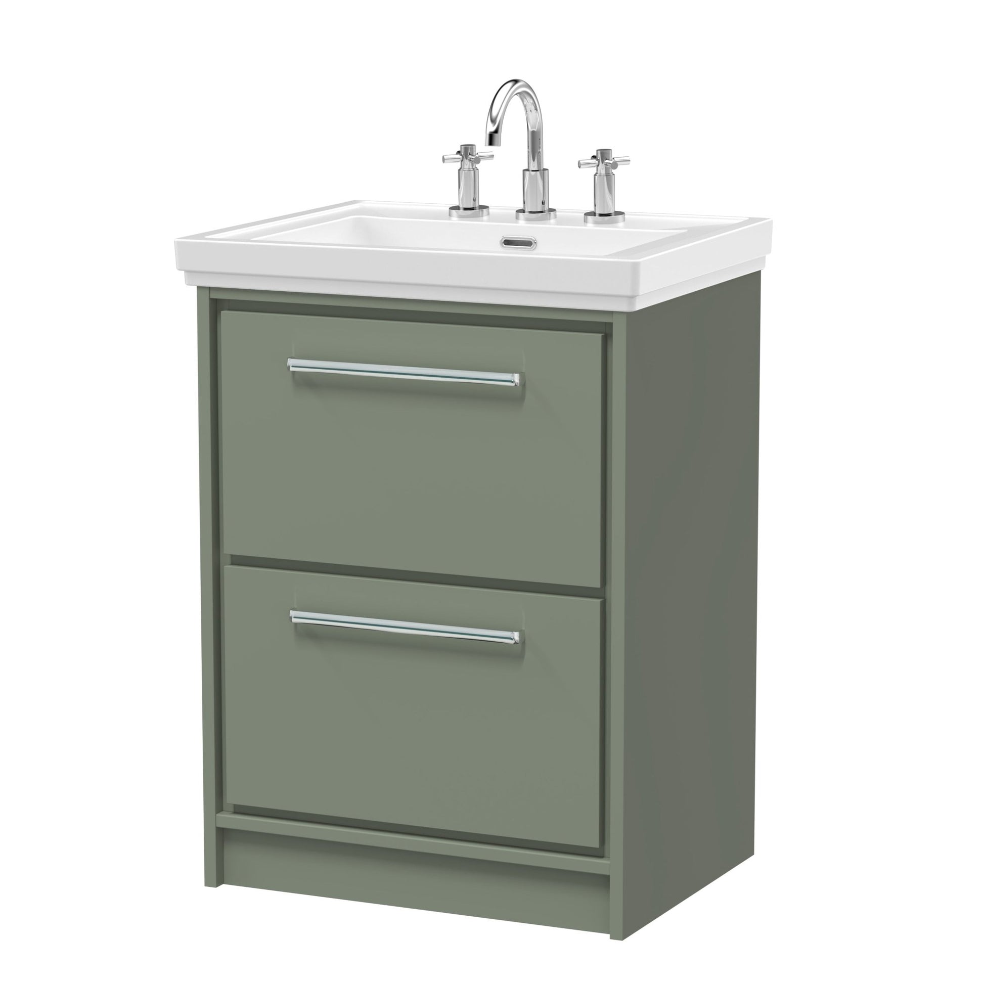 Hudson Reed Lille 600mm Floor Standing 2 - drawer Vanity With Basin - 3 Tap Hole Contemp Fern Green Fireclay,MFC Smooth Matt 866x630x471mm - JJ Building Materials