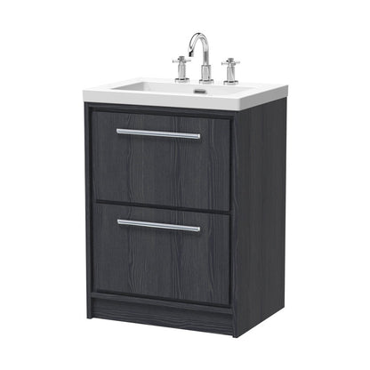 Hudson Reed Lille 600mm Floor Standing 2-drawer Vanity With Basin - 3 Tap Hole Contemp Graphite Grey Woodgrain Fireclay,MFC Textured Woodgrain 845x613x462mm - JJ Building Materials