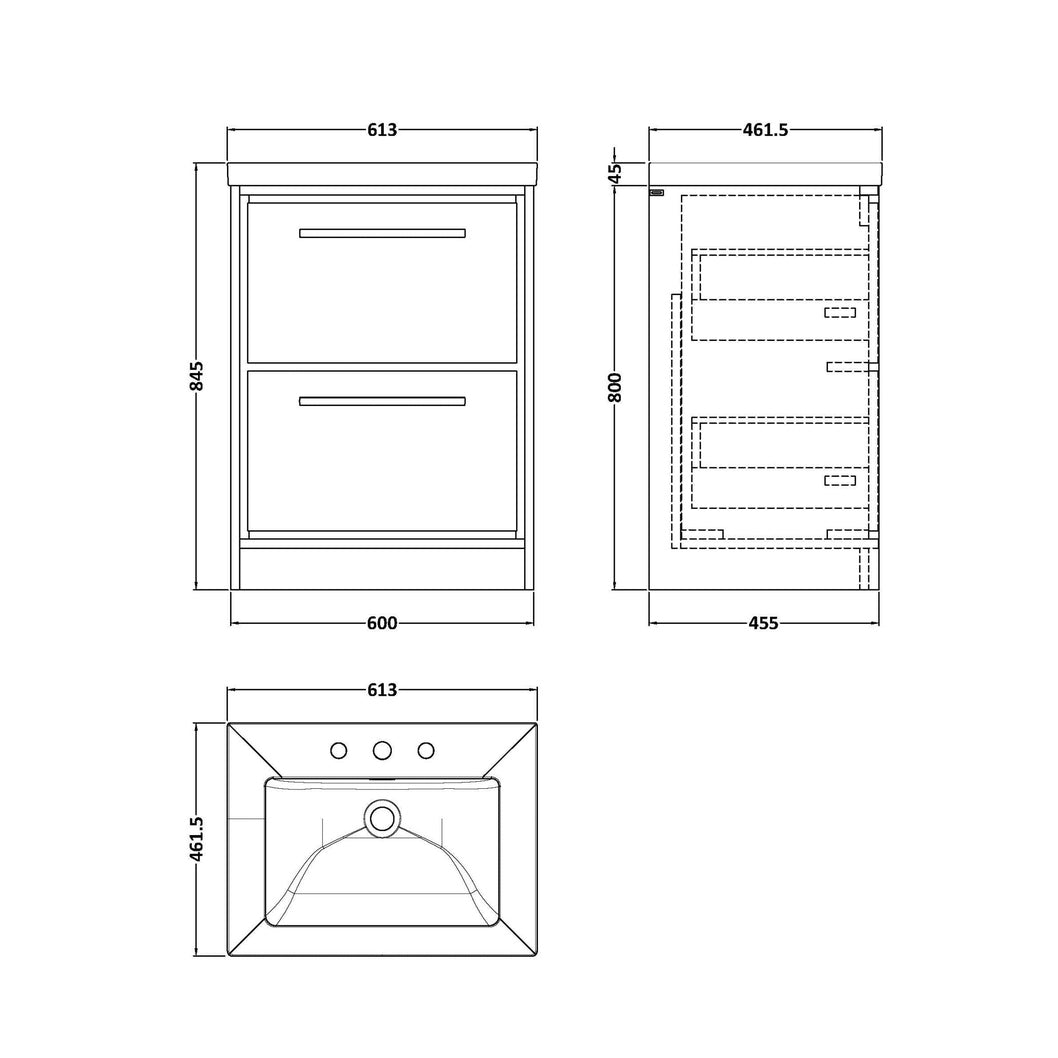Hudson Reed Lille 600mm Floor Standing 2-drawer Vanity With Basin - 3 Tap Hole Contemp Graphite Grey Woodgrain Fireclay,MFC Textured Woodgrain 845x613x462mm - JJ Building Materials