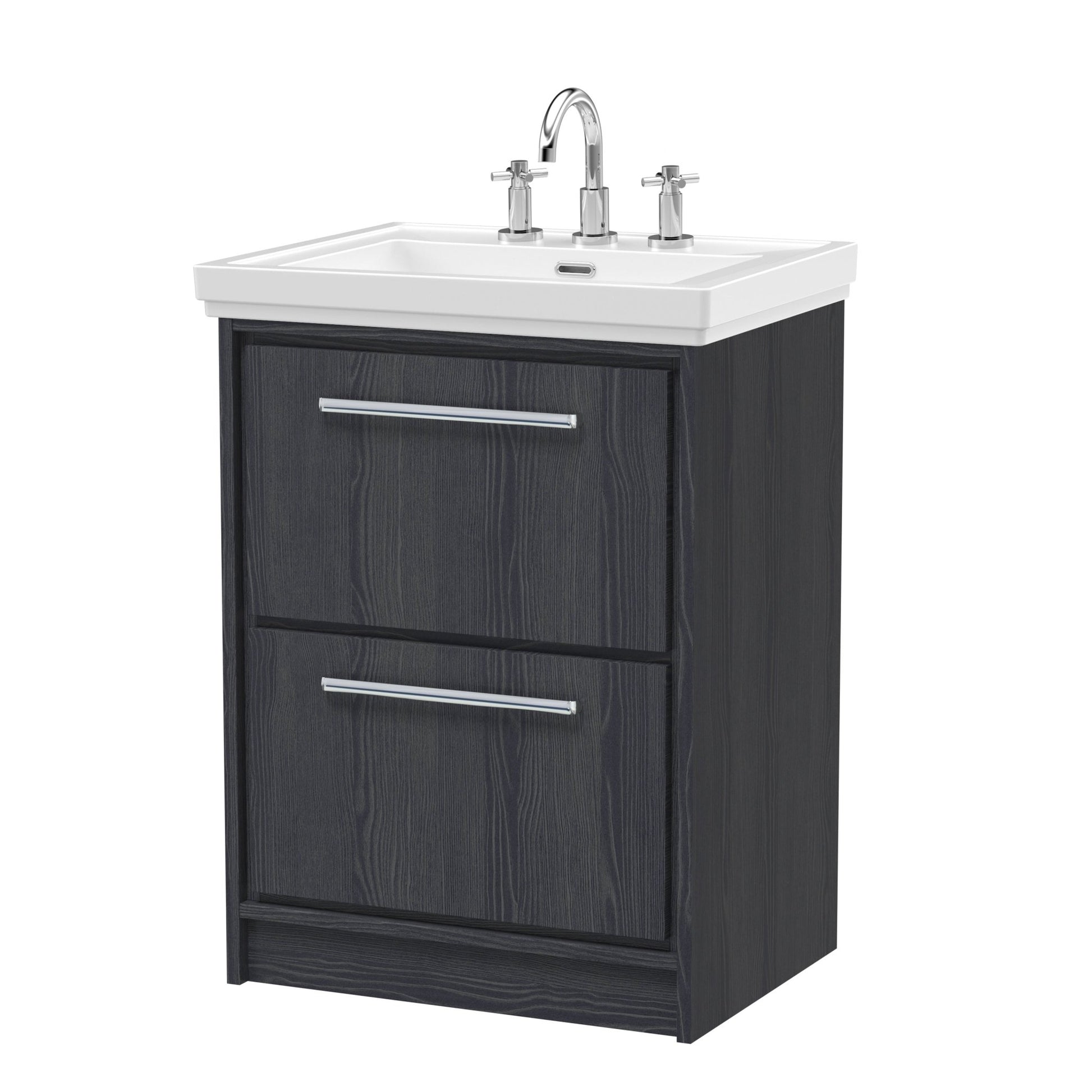 Hudson Reed Lille 600mm Floor Standing 2 - drawer Vanity With Basin - 3 Tap Hole Contemp Graphite Grey Woodgrain Fireclay,MFC Textured Woodgrain 866x630x471mm - JJ Building Materials