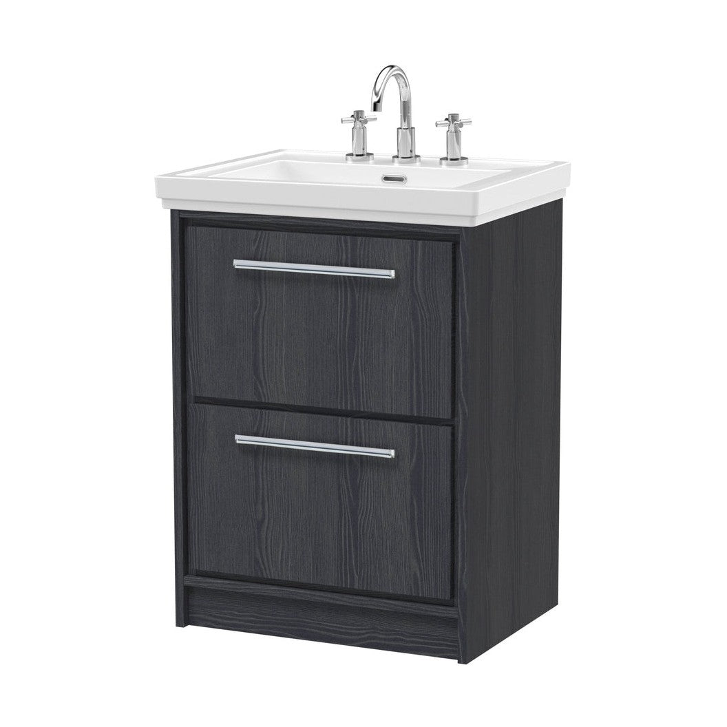 Hudson Reed Lille 600mm Floor Standing 2-drawer Vanity With Basin - 3 Tap Hole Contemp Graphite Grey Woodgrain Fireclay,MFC Textured Woodgrain 866x630x471mm - JJ Building Materials