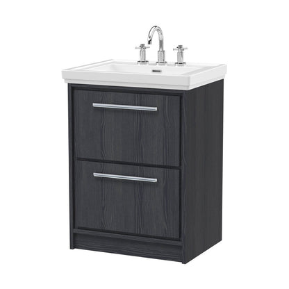 Hudson Reed Lille 600mm Floor Standing 2-drawer Vanity With Basin - 3 Tap Hole Contemp Graphite Grey Woodgrain Fireclay,MFC Textured Woodgrain 866x630x471mm - JJ Building Materials