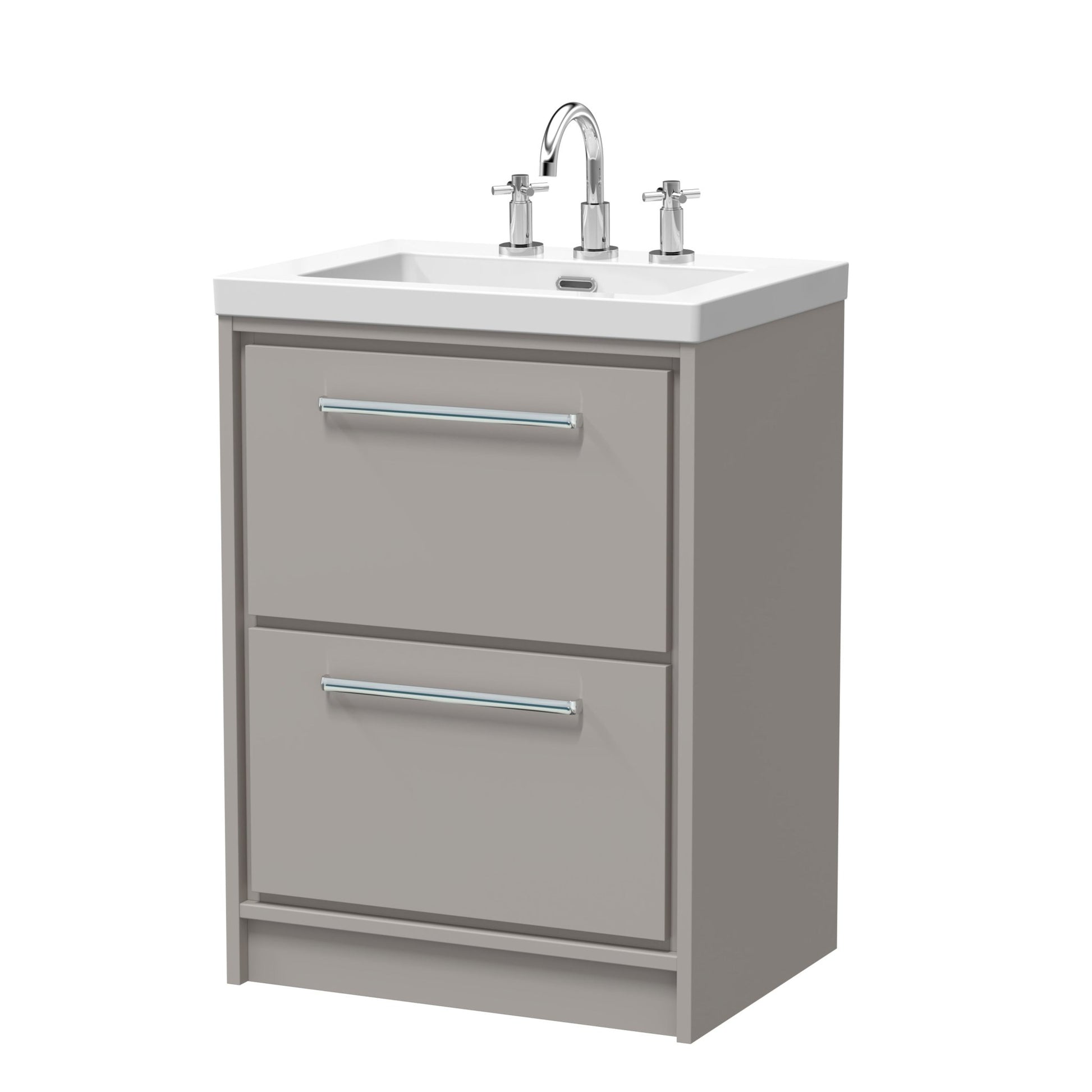 Hudson Reed Lille 600mm Floor Standing 2 - drawer Vanity With Basin - 3 Tap Hole Contemp Pebble Grey Fireclay,MFC Smooth Matt 845x613x462mm - JJ Building Materials