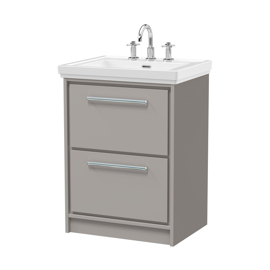 Hudson Reed Lille 600mm Floor Standing 2-drawer Vanity With Basin - 3 Tap Hole Contemp Pebble Grey Fireclay,MFC Smooth Matt 866x630x471mm - JJ Building Materials