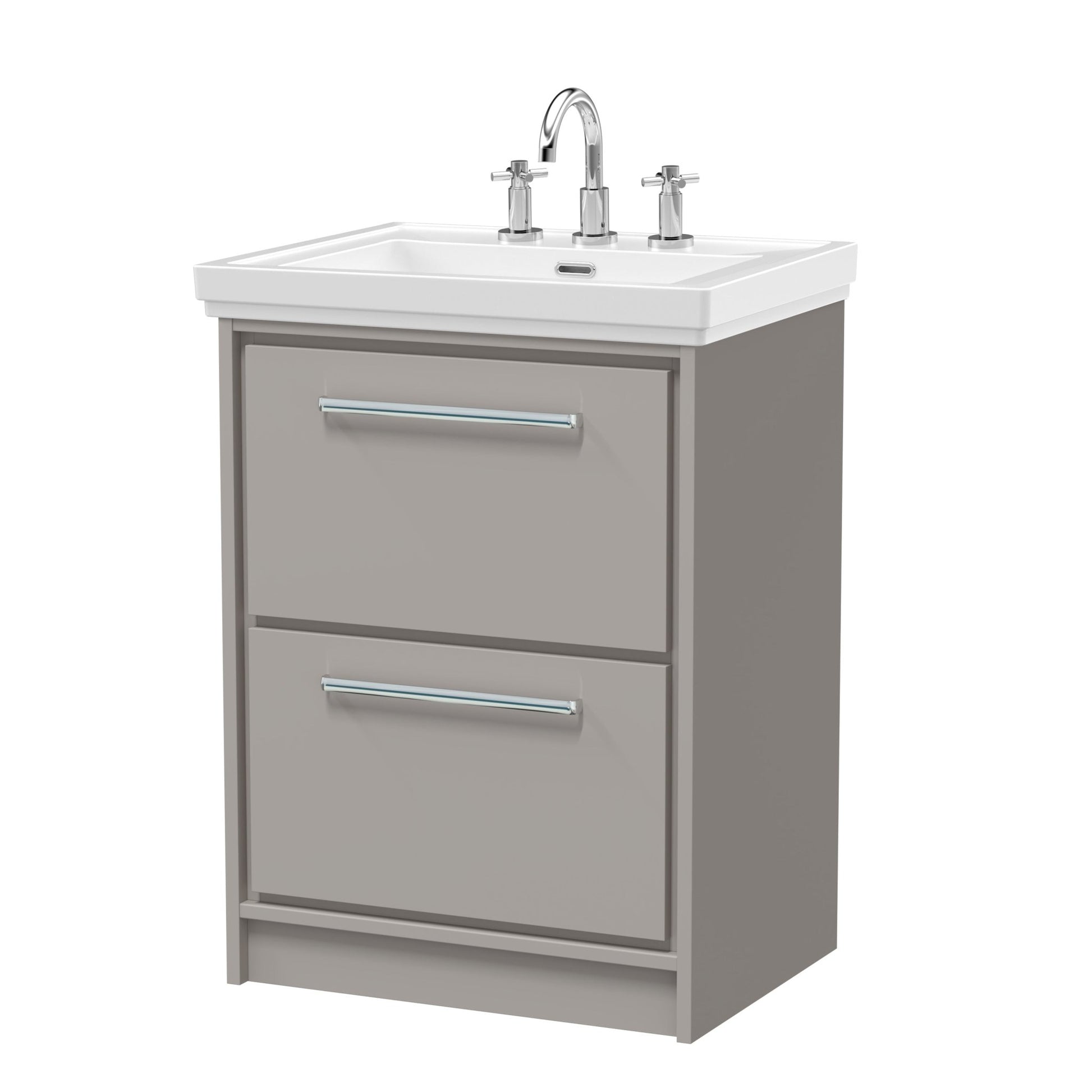 Hudson Reed Lille 600mm Floor Standing 2 - drawer Vanity With Basin - 3 Tap Hole Contemp Pebble Grey Fireclay,MFC Smooth Matt 866x630x471mm - JJ Building Materials