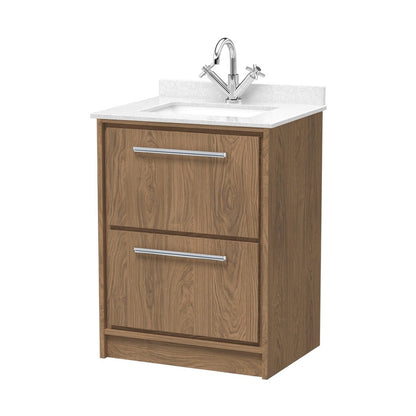 Hudson Reed Lille 600mm Floor Standing 2-drawer Vanity With Marble Worktop Basin Contemp Antique Oak MFC Textured Woodgrain,vitreous China 878x620x470mm - JJ Building Materials