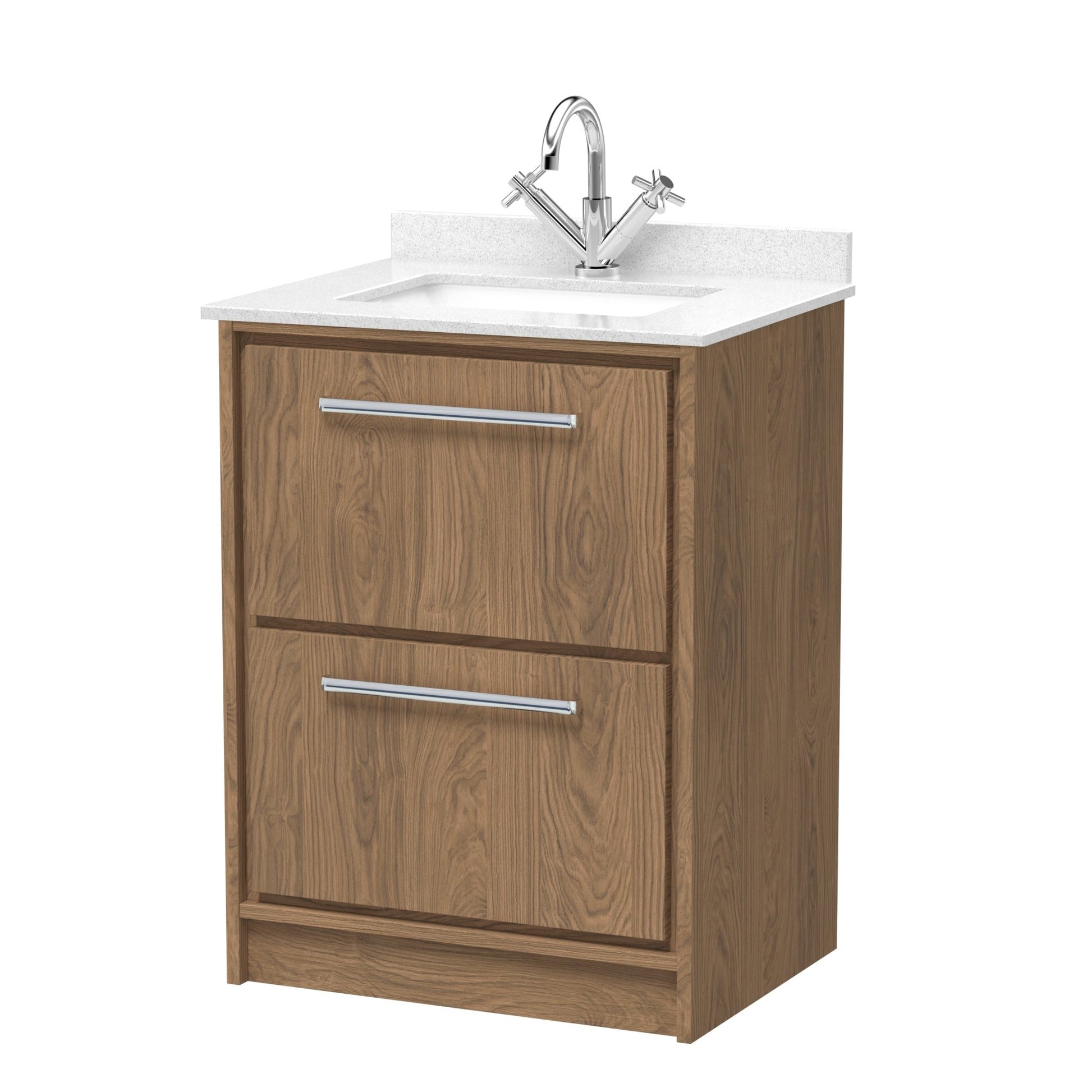 Hudson Reed Lille 600mm Floor Standing 2 - drawer Vanity With Marble Worktop Basin Contemp Antique Oak MFC Textured Woodgrain,vitreous China 878x620x470mm - JJ Building Materials