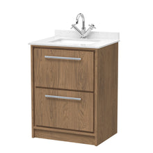 Hudson Reed Lille 600mm Floor Standing 2 - drawer Vanity With Marble Worktop Basin Contemp Antique Oak MFC Textured Woodgrain,vitreous China 878x620x470mm - JJ Building Materials