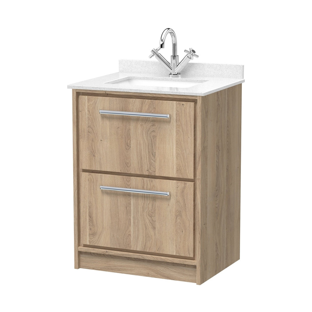 Hudson Reed Lille 600mm Floor Standing 2-drawer Vanity With Marble Worktop Basin Contemp Bleached Oak MFC Textured Woodgrain,vitreous China 878x620x470mm - JJ Building Materials