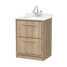 Hudson Reed Lille 600mm Floor Standing 2-drawer Vanity With Marble Worktop Basin Contemp Bleached Oak MFC Textured Woodgrain,vitreous China 878x620x470mm - JJ Building Materials