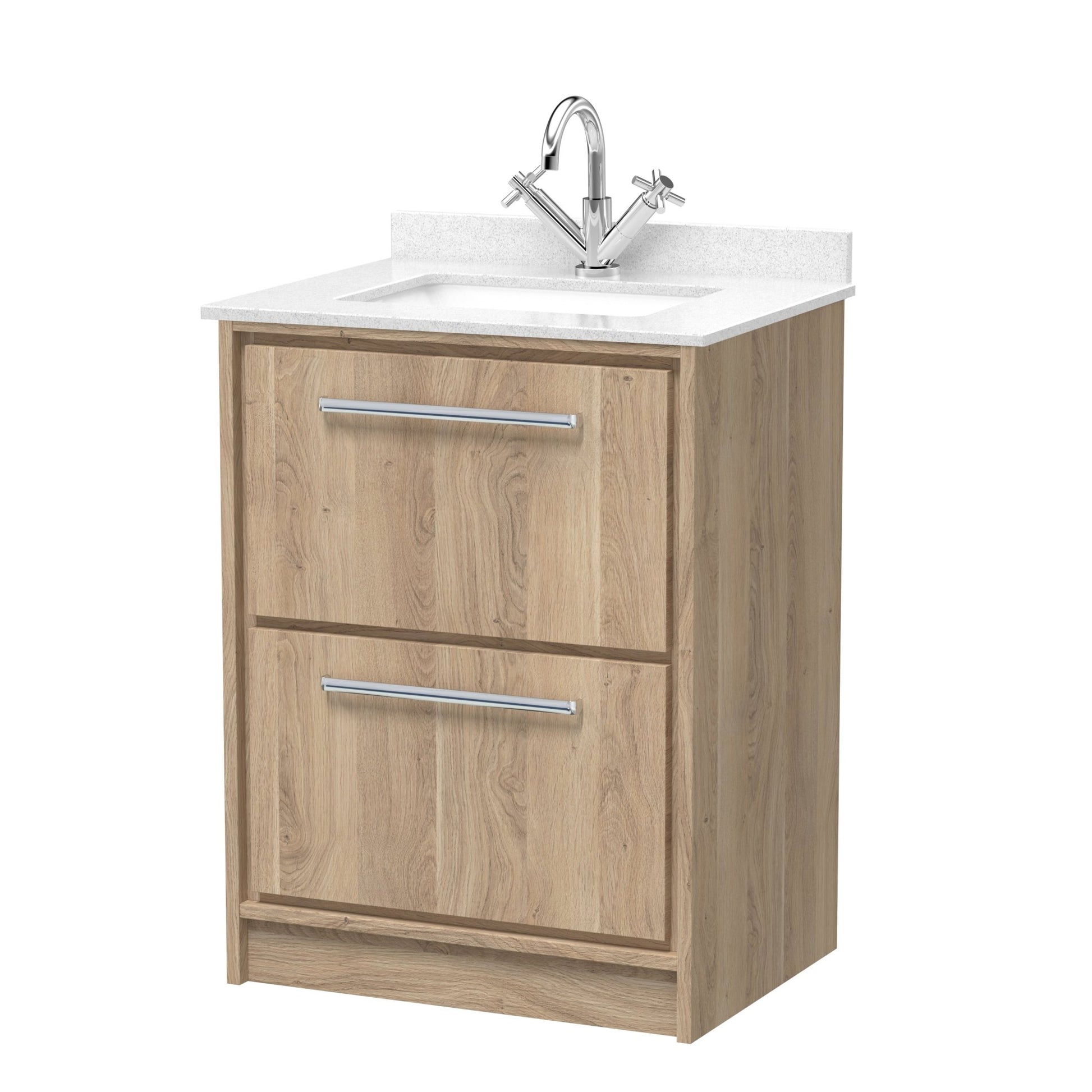 Hudson Reed Lille 600mm Floor Standing 2 - drawer Vanity With Marble Worktop Basin Contemp Bleached Oak MFC Textured Woodgrain,vitreous China 878x620x470mm - JJ Building Materials