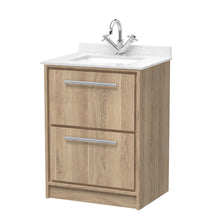 Hudson Reed Lille 600mm Floor Standing 2 - drawer Vanity With Marble Worktop Basin Contemp Bleached Oak MFC Textured Woodgrain,vitreous China 878x620x470mm - JJ Building Materials
