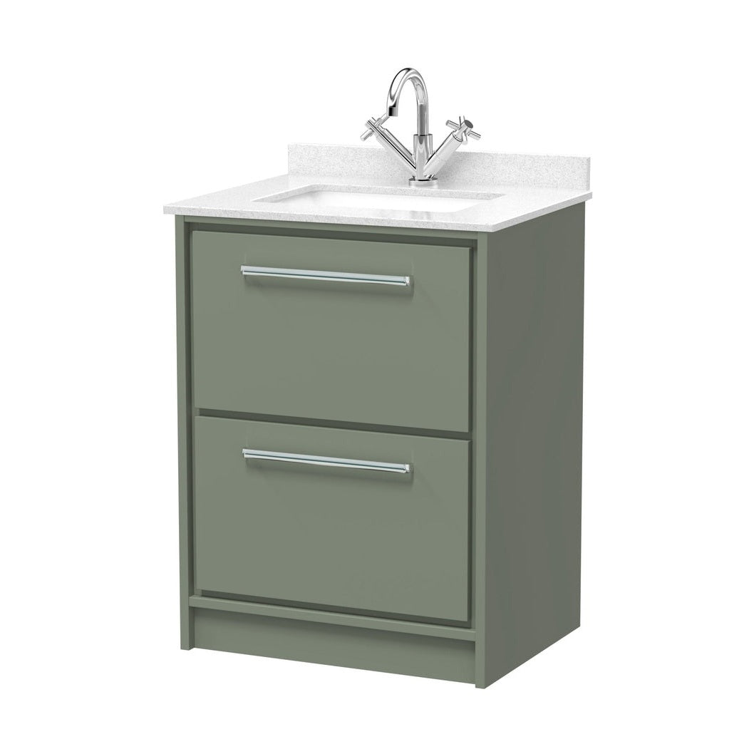 Hudson Reed Lille 600mm Floor Standing 2-drawer Vanity With Marble Worktop Basin Contemp Fern Green MFC Smooth Matt,vitreous China 878x620x470mm - JJ Building Materials