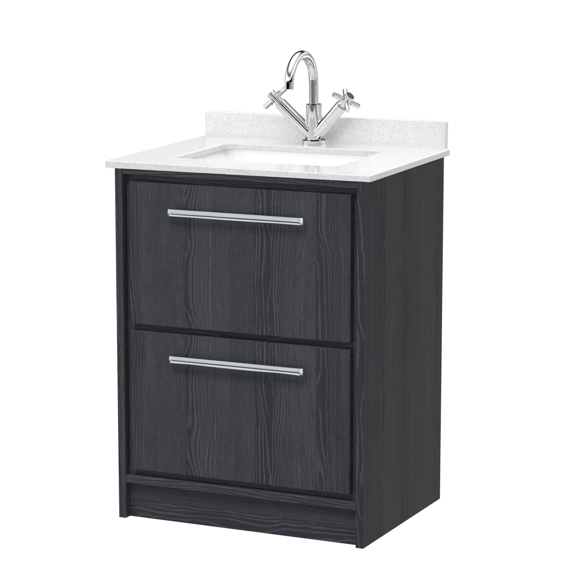 Hudson Reed Lille 600mm Floor Standing 2 - drawer Vanity With Marble Worktop Basin Contemp Graphite Grey Woodgrain MFC Textured Woodgrain,vitreous China 878x620x470mm - JJ Building Materials
