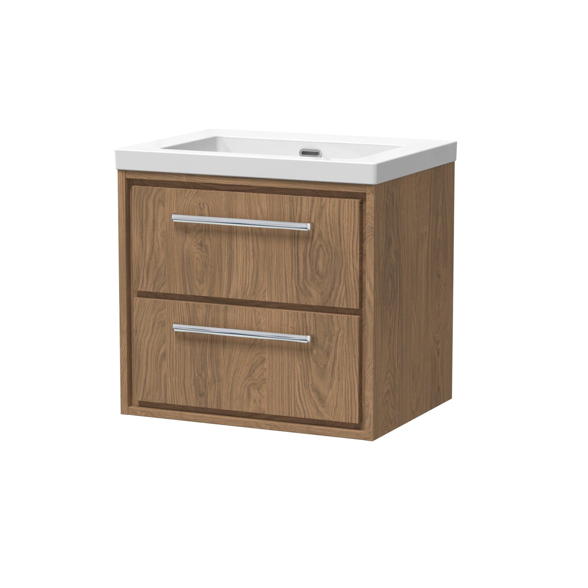 Hudson Reed Lille 600mm Wall Hung 2 - drawer Vanity With Basin - 0 Tap Hole Contemp Antique Oak Fireclay,MFC Textured Woodgrain 584x613x462mm - JJ Building Materials