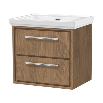 Hudson Reed Lille 600mm Wall Hung 2-drawer Vanity With Basin - 0 Tap Hole Contemp Antique Oak Fireclay,MFC Textured Woodgrain 605x630x471mm - JJ Building Materials