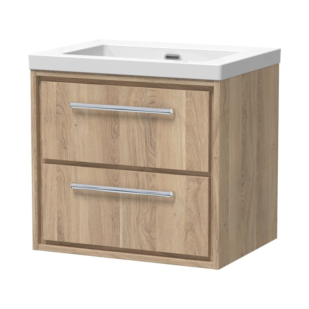 Hudson Reed Lille 600mm Wall Hung 2-drawer Vanity With Basin - 0 Tap Hole Contemp Bleached Oak Fireclay,MFC Textured Woodgrain 584x613x462mm - JJ Building Materials