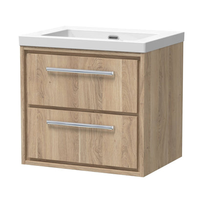 Hudson Reed Lille 600mm Wall Hung 2-drawer Vanity With Basin - 0 Tap Hole Contemp Bleached Oak Fireclay,MFC Textured Woodgrain 584x613x462mm - JJ Building Materials
