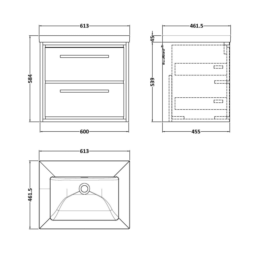Hudson Reed Lille 600mm Wall Hung 2-drawer Vanity With Basin - 0 Tap Hole Contemp Bleached Oak Fireclay,MFC Textured Woodgrain 584x613x462mm - JJ Building Materials