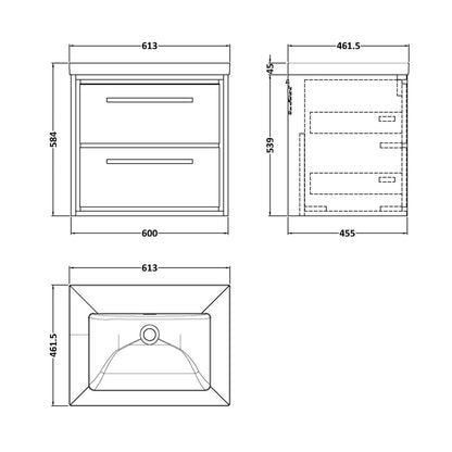 Hudson Reed Lille 600mm Wall Hung 2-drawer Vanity With Basin - 0 Tap Hole Contemp Bleached Oak Fireclay,MFC Textured Woodgrain 584x613x462mm - JJ Building Materials
