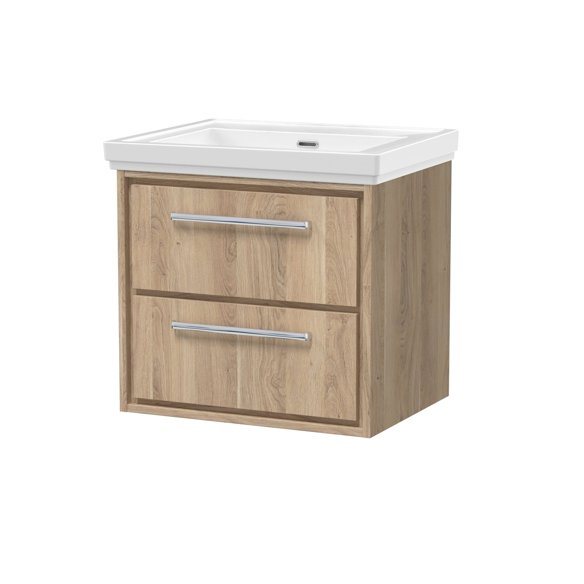 Hudson Reed Lille 600mm Wall Hung 2 - drawer Vanity With Basin - 0 Tap Hole Contemp Bleached Oak Fireclay,MFC Textured Woodgrain 605x630x471mm - JJ Building Materials