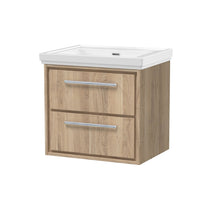 Hudson Reed Lille 600mm Wall Hung 2 - drawer Vanity With Basin - 0 Tap Hole Contemp Bleached Oak Fireclay,MFC Textured Woodgrain 605x630x471mm - JJ Building Materials