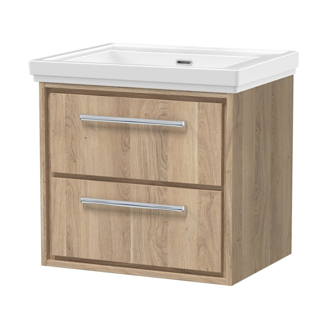 Hudson Reed Lille 600mm Wall Hung 2-drawer Vanity With Basin - 0 Tap Hole Contemp Bleached Oak Fireclay,MFC Textured Woodgrain 605x630x471mm - JJ Building Materials