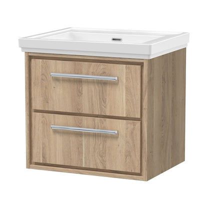Hudson Reed Lille 600mm Wall Hung 2-drawer Vanity With Basin - 0 Tap Hole Contemp Bleached Oak Fireclay,MFC Textured Woodgrain 605x630x471mm - JJ Building Materials