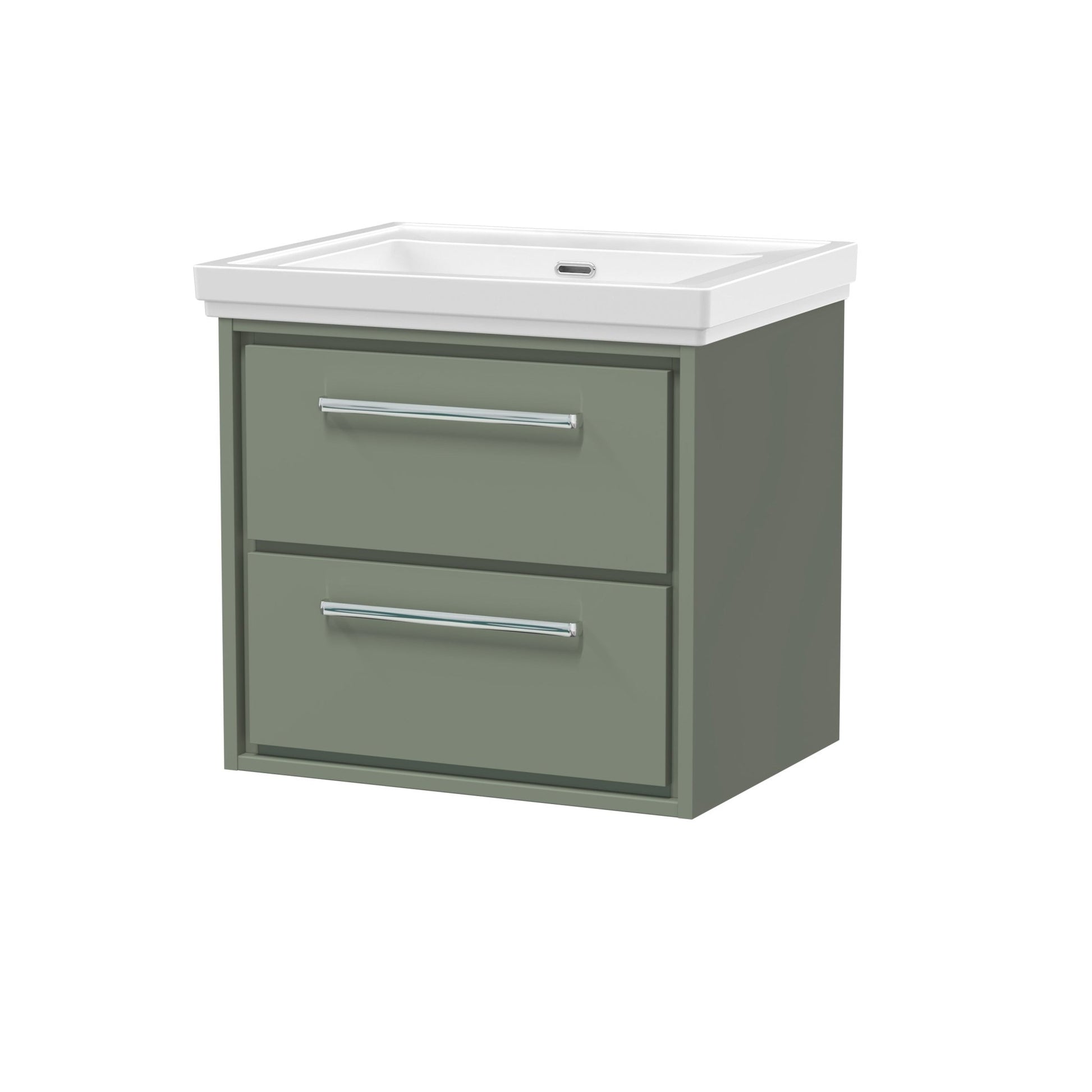 Hudson Reed Lille 600mm Wall Hung 2 - drawer Vanity With Basin - 0 Tap Hole Contemp Fern Green Fireclay,MFC Smooth Matt 605x630x471mm - JJ Building Materials