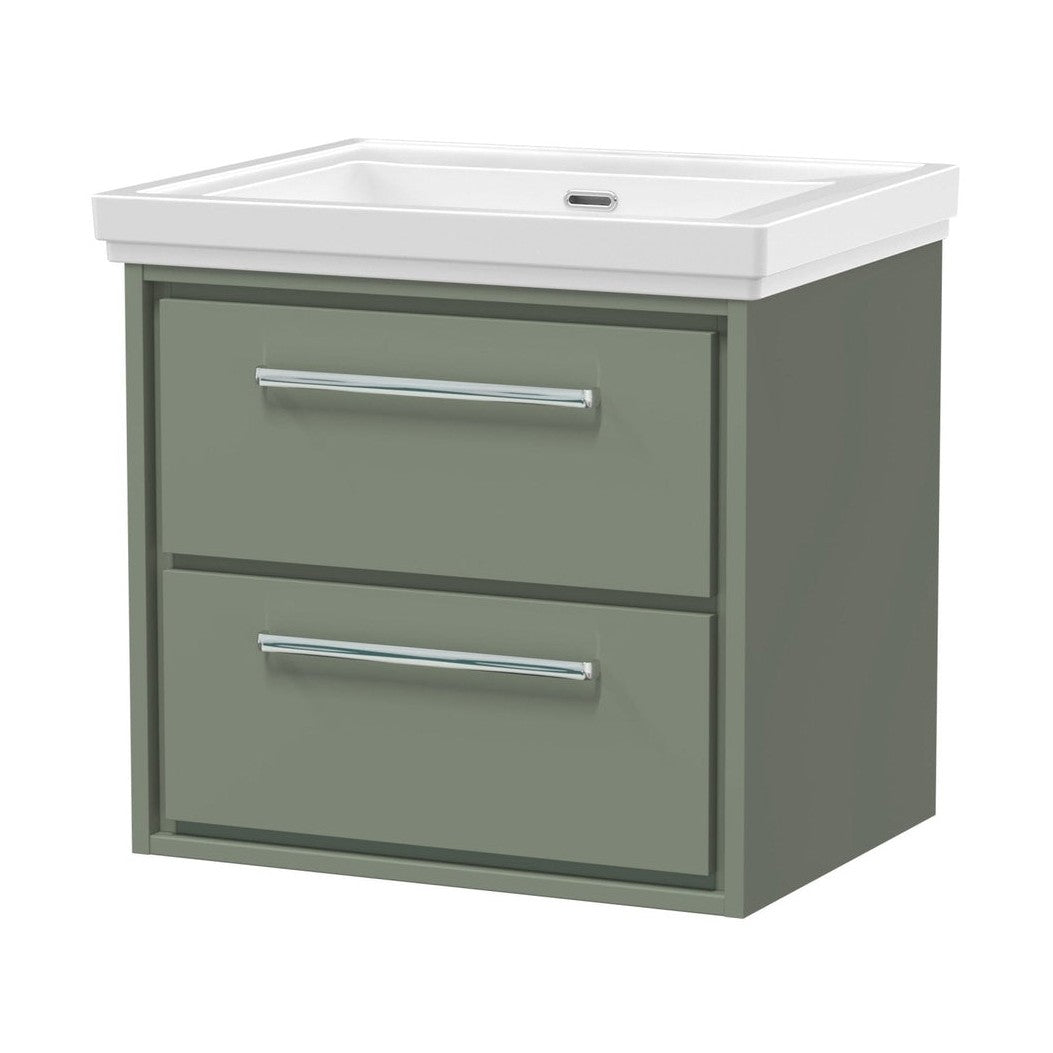 Hudson Reed Lille 600mm Wall Hung 2-drawer Vanity With Basin - 0 Tap Hole Contemp Fern Green Fireclay,MFC Smooth Matt 605x630x471mm - JJ Building Materials