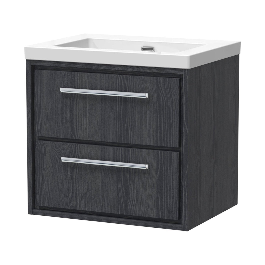 Hudson Reed Lille 600mm Wall Hung 2-drawer Vanity With Basin - 0 Tap Hole Contemp Graphite Grey Woodgrain Fireclay,MFC Textured Woodgrain 584x613x462mm - JJ Building Materials