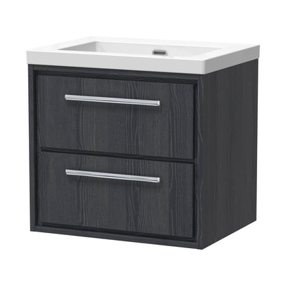 Hudson Reed Lille 600mm Wall Hung 2-drawer Vanity With Basin - 0 Tap Hole Contemp Graphite Grey Woodgrain Fireclay,MFC Textured Woodgrain 584x613x462mm - JJ Building Materials