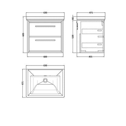 Hudson Reed Lille 600mm Wall Hung 2-drawer Vanity With Basin - 0 Tap Hole Contemp Graphite Grey Woodgrain Fireclay,MFC Textured Woodgrain 605x630x471mm - JJ Building Materials