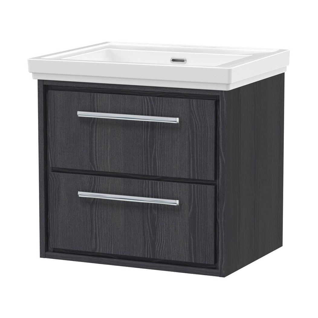 Hudson Reed Lille 600mm Wall Hung 2-drawer Vanity With Basin - 0 Tap Hole Contemp Graphite Grey Woodgrain Fireclay,MFC Textured Woodgrain 605x630x471mm - JJ Building Materials