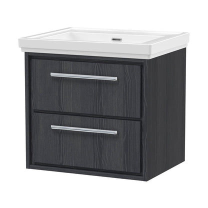 Hudson Reed Lille 600mm Wall Hung 2-drawer Vanity With Basin - 0 Tap Hole Contemp Graphite Grey Woodgrain Fireclay,MFC Textured Woodgrain 605x630x471mm - JJ Building Materials