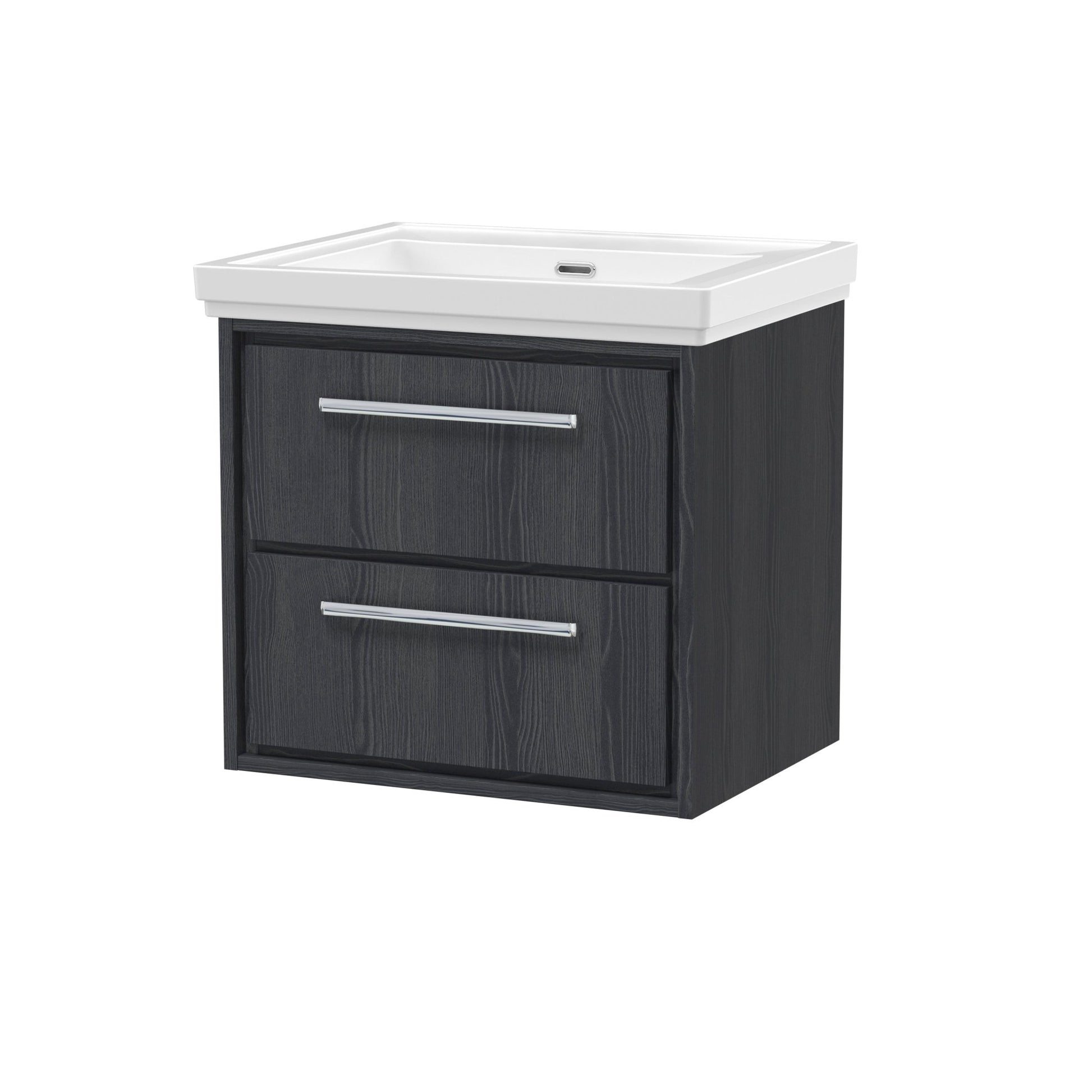 Hudson Reed Lille 600mm Wall Hung 2 - drawer Vanity With Basin - 0 Tap Hole Contemp Graphite Grey Woodgrain Fireclay,MFC Textured Woodgrain 605x630x471mm - JJ Building Materials