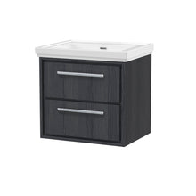 Hudson Reed Lille 600mm Wall Hung 2 - drawer Vanity With Basin - 0 Tap Hole Contemp Graphite Grey Woodgrain Fireclay,MFC Textured Woodgrain 605x630x471mm - JJ Building Materials