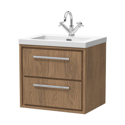 Hudson Reed Lille 600mm Wall Hung 2-drawer Vanity With Basin - 1 Tap Hole Contemp Antique Oak Fireclay,MFC Textured Woodgrain 584x613x462mm - JJ Building Materials