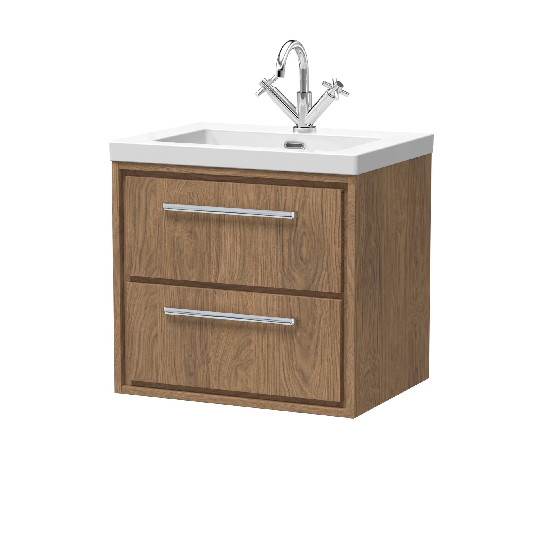 Hudson Reed Lille 600mm Wall Hung 2 - drawer Vanity With Basin - 1 Tap Hole Contemp Antique Oak Fireclay,MFC Textured Woodgrain 584x613x462mm - JJ Building Materials