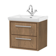 Hudson Reed Lille 600mm Wall Hung 2-drawer Vanity With Basin - 1 Tap Hole Contemp Antique Oak Fireclay,MFC Textured Woodgrain 605x630x471mm - JJ Building Materials