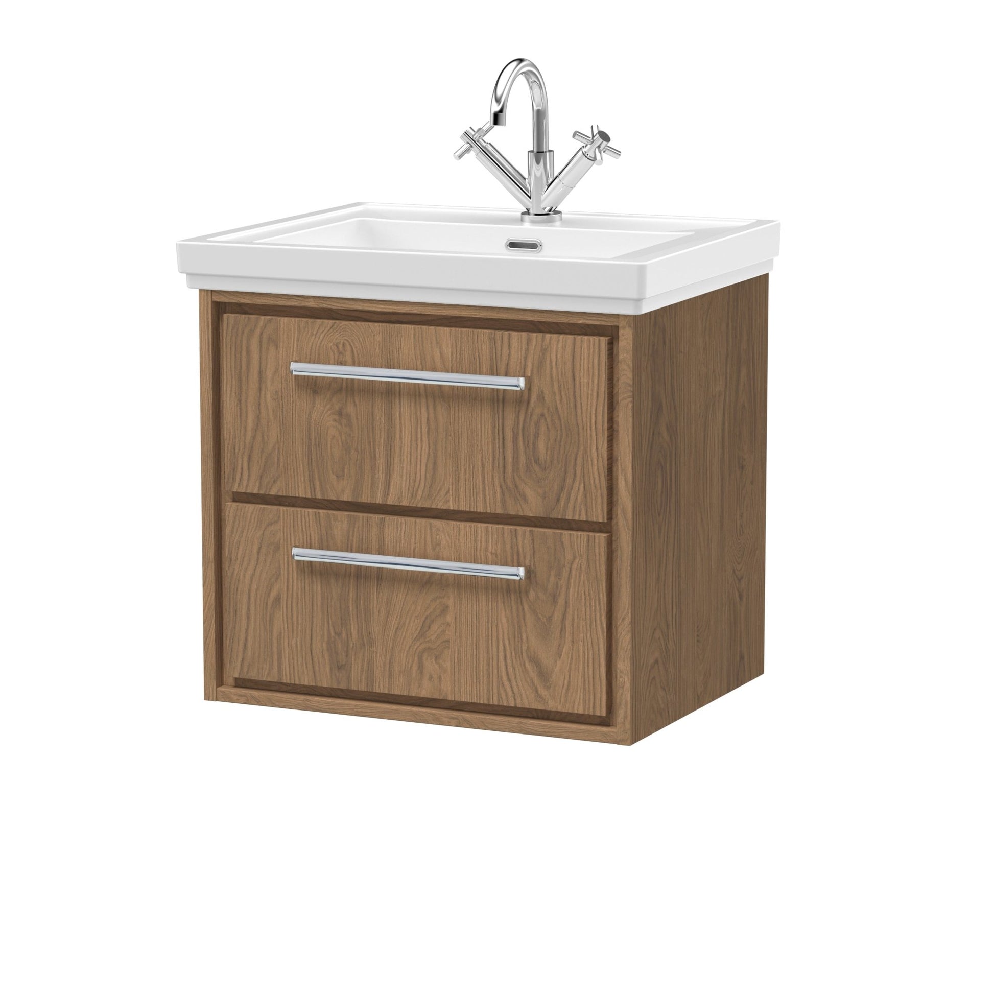 Hudson Reed Lille 600mm Wall Hung 2 - drawer Vanity With Basin - 1 Tap Hole Contemp Antique Oak Fireclay,MFC Textured Woodgrain 605x630x471mm - JJ Building Materials