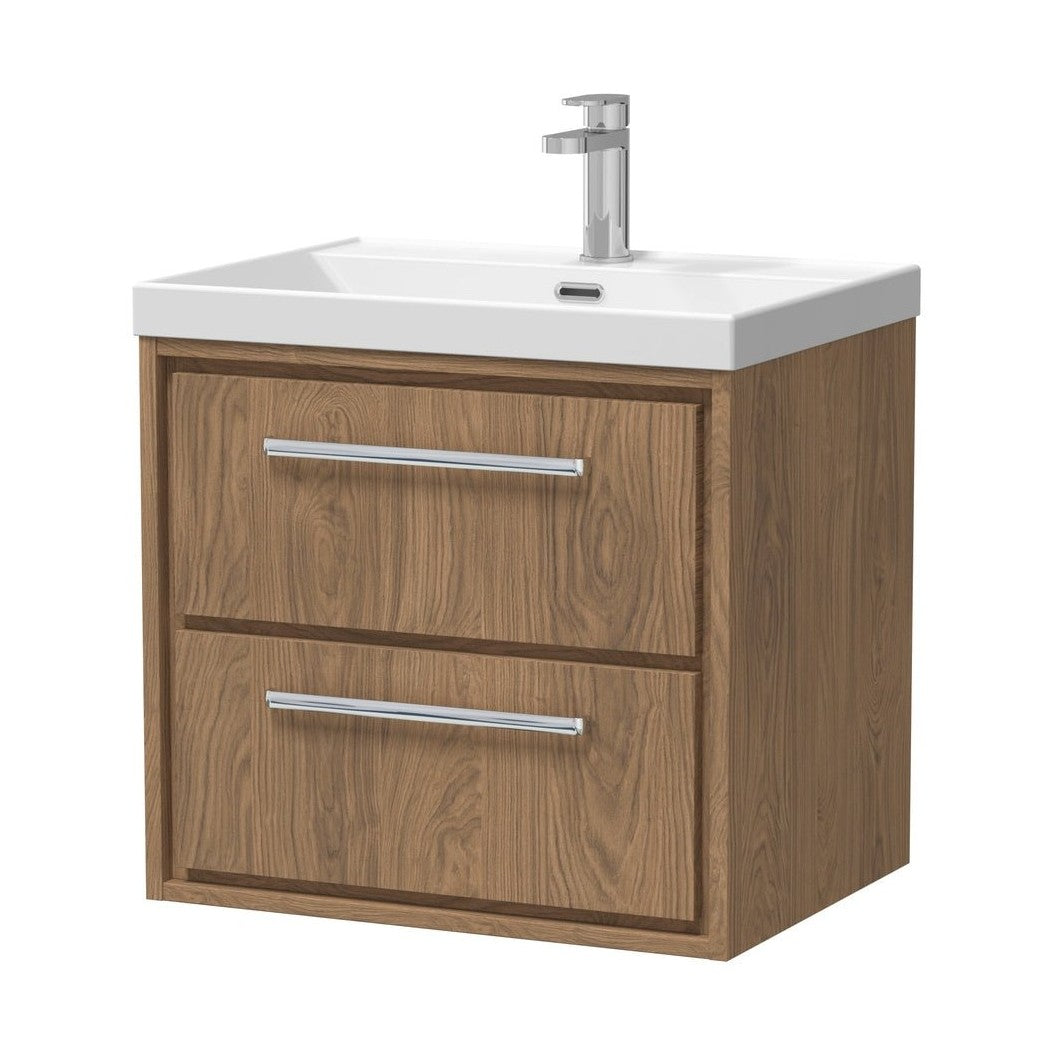 Hudson Reed Lille 600mm Wall Hung 2-drawer Vanity With Basin - 1 Tap Hole Contemp Antique Oak MFC Textured Woodgrain,vitreous China 589x610x460mm - JJ Building Materials