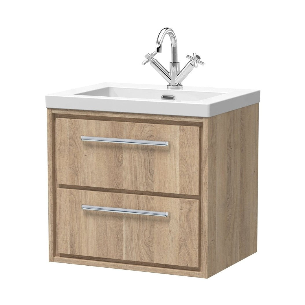 Hudson Reed Lille 600mm Wall Hung 2-drawer Vanity With Basin - 1 Tap Hole Contemp Bleached Oak Fireclay,MFC Textured Woodgrain 584x613x462mm - JJ Building Materials