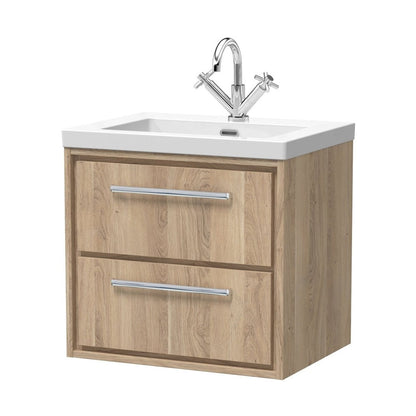 Hudson Reed Lille 600mm Wall Hung 2-drawer Vanity With Basin - 1 Tap Hole Contemp Bleached Oak Fireclay,MFC Textured Woodgrain 584x613x462mm - JJ Building Materials