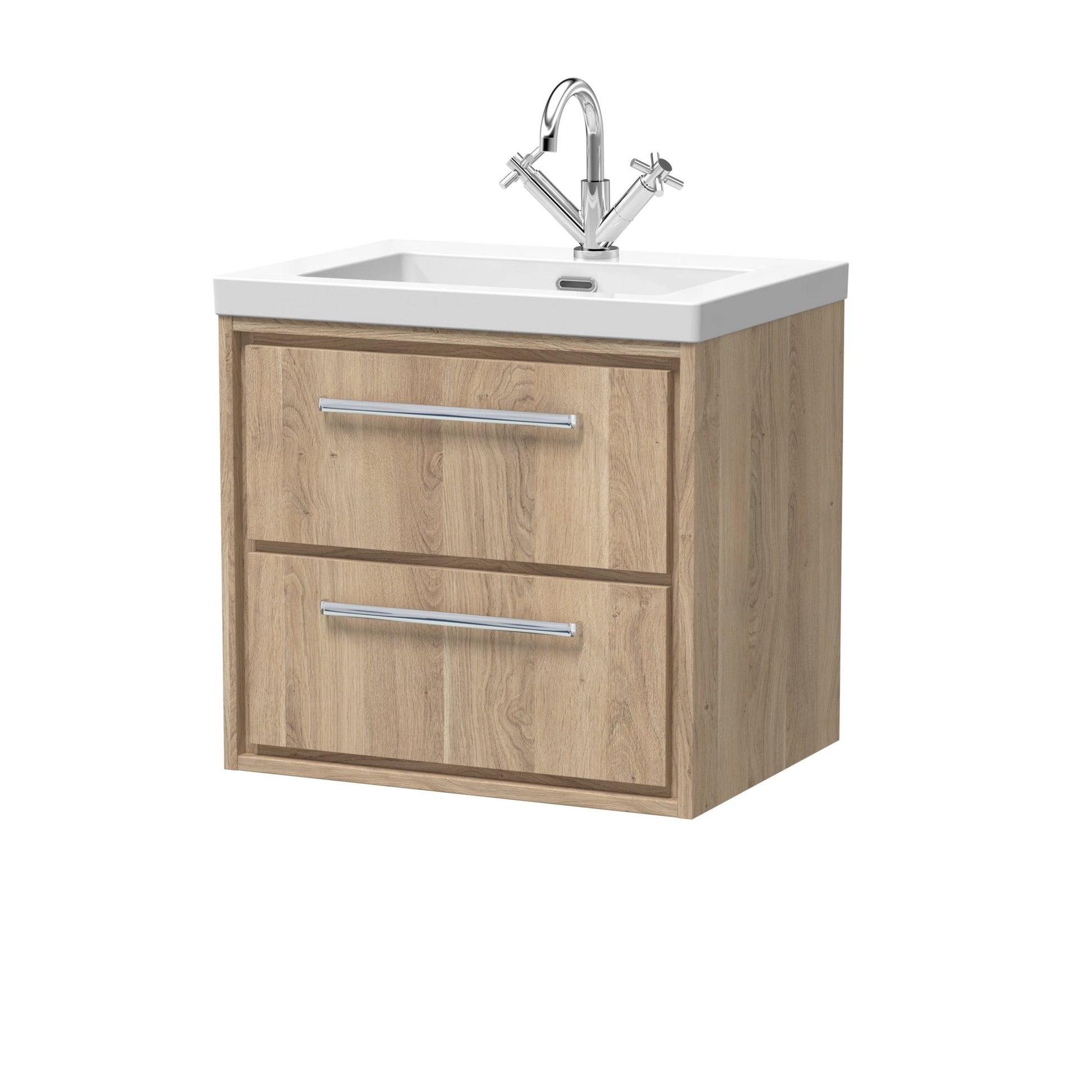 Hudson Reed Lille 600mm Wall Hung 2 - drawer Vanity With Basin - 1 Tap Hole Contemp Bleached Oak Fireclay,MFC Textured Woodgrain 584x613x462mm - JJ Building Materials