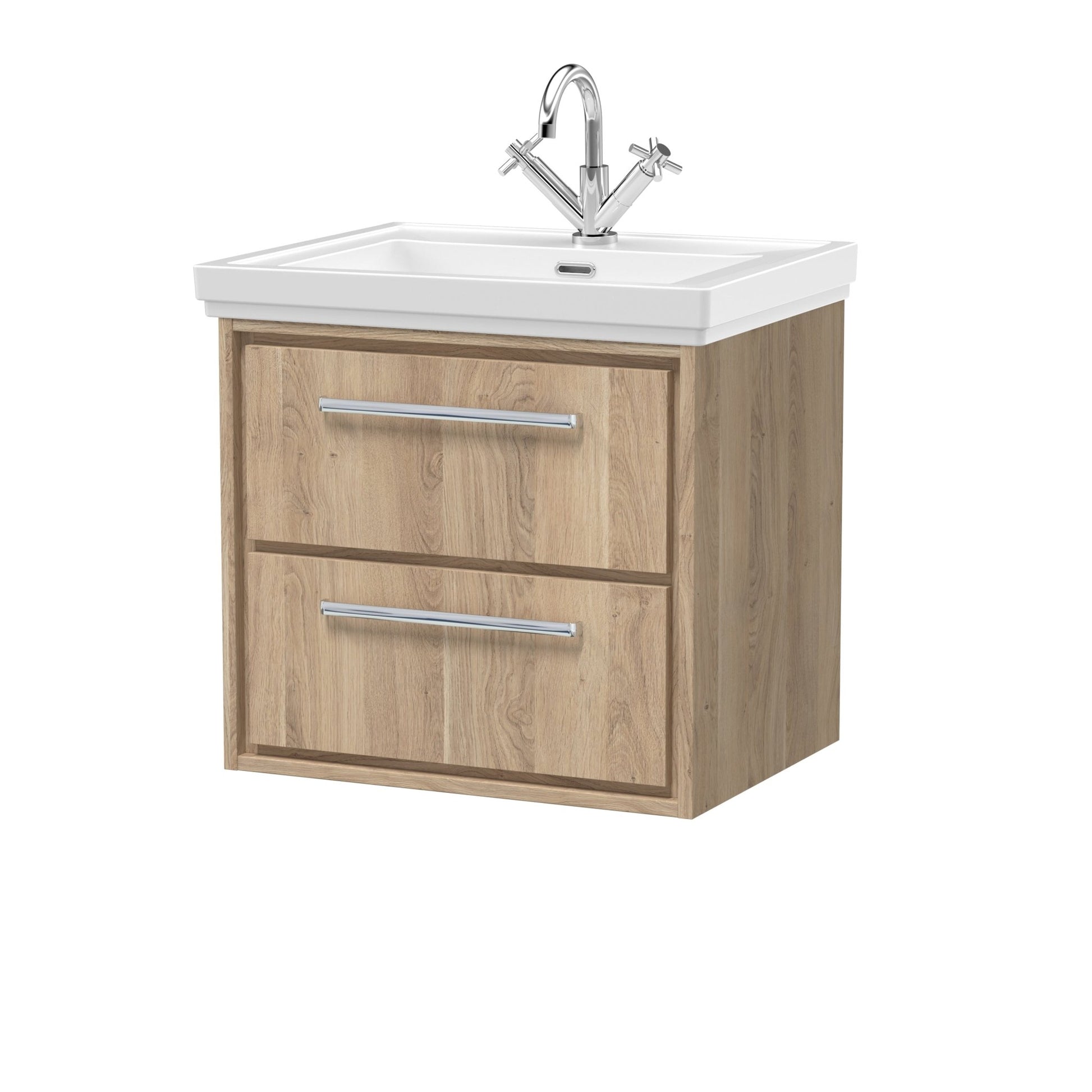 Hudson Reed Lille 600mm Wall Hung 2 - drawer Vanity With Basin - 1 Tap Hole Contemp Bleached Oak Fireclay,MFC Textured Woodgrain 605x630x471mm - JJ Building Materials