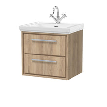 Hudson Reed Lille 600mm Wall Hung 2 - drawer Vanity With Basin - 1 Tap Hole Contemp Bleached Oak Fireclay,MFC Textured Woodgrain 605x630x471mm - JJ Building Materials