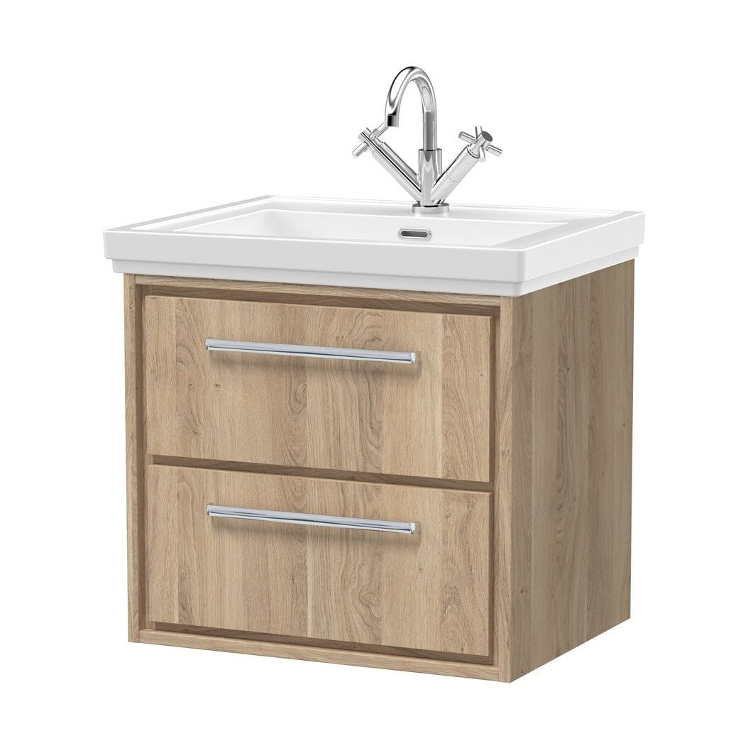 Hudson Reed Lille 600mm Wall Hung 2-drawer Vanity With Basin - 1 Tap Hole Contemp Bleached Oak Fireclay,MFC Textured Woodgrain 605x630x471mm - JJ Building Materials