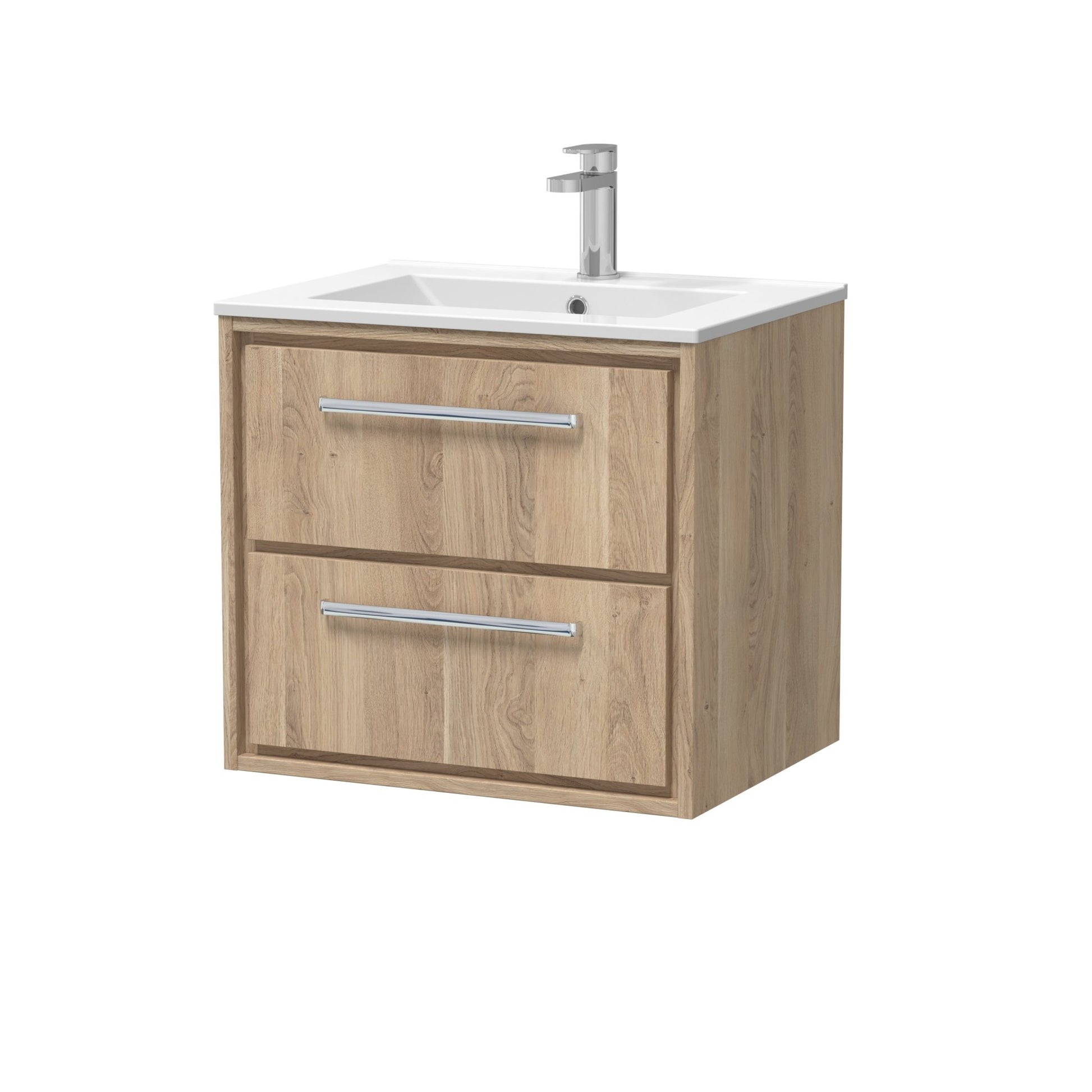 Hudson Reed Lille 600mm Wall Hung 2 - drawer Vanity With Basin - 1 Tap Hole Contemp Bleached Oak MFC Textured Woodgrain,vitreous China 557x610x557mm - JJ Building Materials